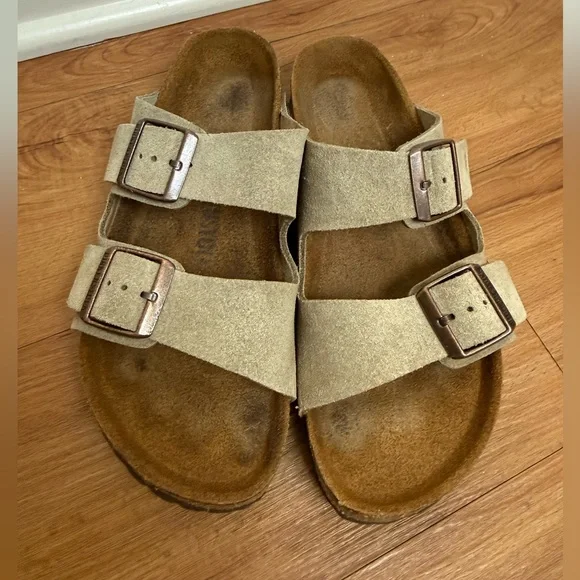 Birkenstock Two-Strap Suede Sandals in Beige - Picture 1 of 7